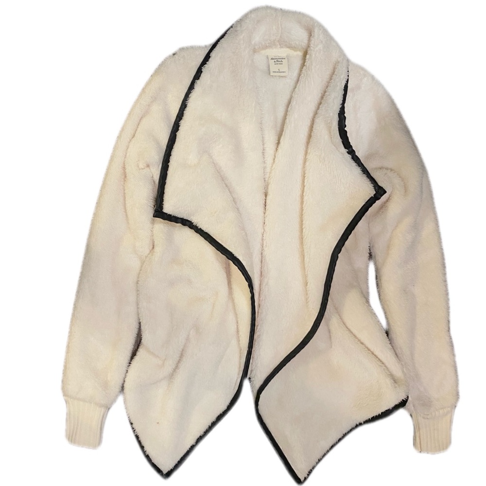 Abercrombie & Fitch Soft White Open Cardigan w/ Black Vegan Leather Trim Size S